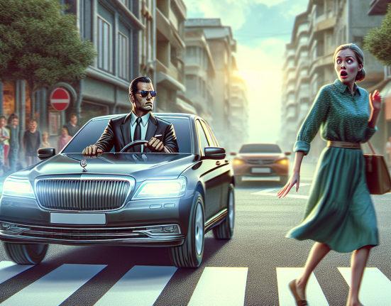 Borfasul cu BMW aproape loveste femeia pe trecere